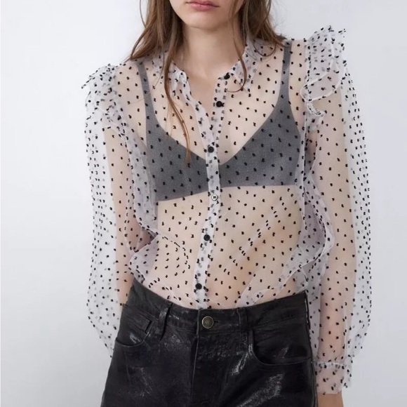 Zara Sheer Polka Dot Blouse - Black and White - Picture 1 of 13